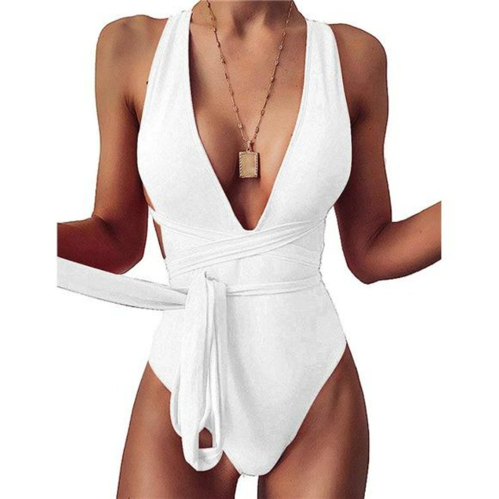 Women's Halter Bandage Deep V Neck One Piece Monokini Swimsuit Swimwear